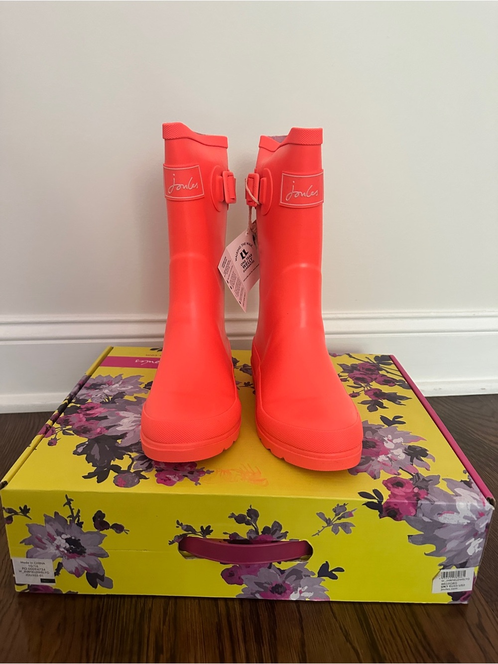 NWT Joules Bright Coral Orange Girls Waterproof Welly Rain Boots 2